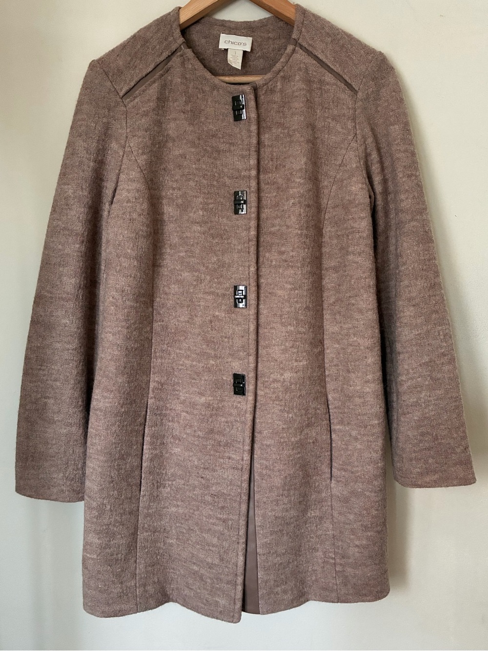 Chicos Wool Coat Mauve Taupe Collarless Minimalist Fall Jacket 1 M
